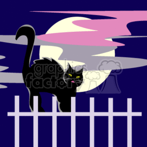 This clipart image features a black cat with piercing yellow eyes standing atop a white picket fence. The background depicts a night sky with a large full moon partially obscured by fast-moving clouds in shades of pink and white. The overall atmosphere appears to be related to the Halloween holiday.