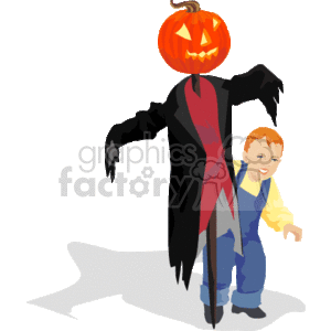 The clipart image depicts two key elements related to Halloween. The first is a scarecrow dressed in black with tattered clothing and red accents, a common Halloween decoration meant to look spooky. The scarecrow's head is a carved pumpkin with a sinister smile, embodying the traditional Jack-o'-lantern. The second element is a boy crouching beside the scarecrow, appearing joyful and possibly in a playful scare, indicative of the light-hearted fright associated with Halloween festivities.