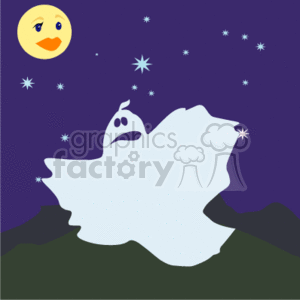   The image appears to be a simple Halloween-themed clipart. It features a stylized white ghost with a surprised expression on its face set against a dark purple background that suggests a night sky. In the background, there are stars scattered about. The bottom of the image shows some dark green shapes that resemble rolling hills or a distant landscape, adding depth to the ghostly scene. There