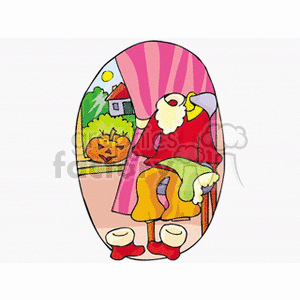 A Halloween-themed clipart image featuring a Santa Claus costume on a chair next to a jack-o'-lantern and a house in the background.