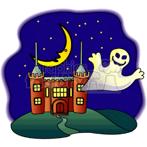 The clipart image features a haunted house with spires and a ghost floating nearby. It is nighttime with a crescent moon and stars in the background, conveying a Halloween theme.