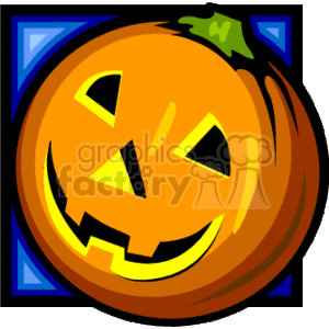 The image shows a stylized depiction of a carved Halloween pumpkin, commonly known as a jack-o'-lantern. The pumpkin has a cheerful and slightly mischievous face with cut-out triangular eyes, a nose, and a jagged smiling mouth, and it seems to be glowing from within, suggesting a candle might be placed inside. There is a tiny green leaf or stem at the top, indicating that the pumpkin is fresh. The background consists of a dark frame with blue triangles at the corners, which might suggest a night sky or simply a decorative motif to make the pumpkin stand out.