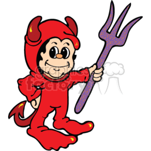 A little boy in a devil costume holding a purple pitch fork