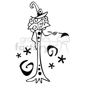 The clipart image contains a stylized representation of a witch for Halloween. The witch appears as a whimsical caricature, featuring a tall, thin figure with a pointed hat and a broom. The witch's face is concealed by what seems to be curly hair or decorative elements, and there are playful shapes and spirals surrounding the figure that add to the festive, magical theme typically associated with Halloween.