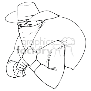 The image is a black and white clipart depicting a person dressed in a classic thief or burglar costume. The character is shown wearing a wide-brimmed hat and a domino mask, sneaking around with a bag over their shoulder, likely filled with stolen goods. This could be someone dressed up for a Halloween party 