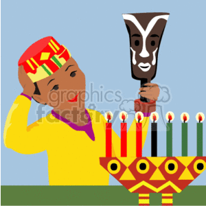 This clipart image features a person with a Kwanzaa headdress, smiling and holding up an African mask. In front of them is a Kinara (candle holder) with seven candles, representing the seven principles of Kwanzaa, each candle in traditional Kwanzaa colors (three red, one black, and three green). The person appears to be dressed in a festive yellow shirt with pink accents, and the background is a simple blue, possibly indicating a general celebratory atmosphere.