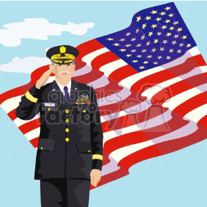 An illustration of a military officer saluting in front of an American flag, symbolizing respect and honor for Memorial Day or Veterans Day.