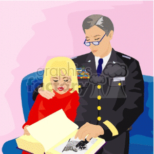 An illustration of a military officer and a child looking at a photo album, symbolizing family memories and remembrance.