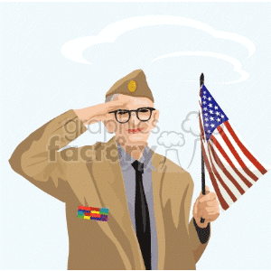 An illustration of an elderly veteran saluting while holding an American flag.