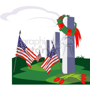 This clipart image features a cemetery scene with American flags next to graves. It includes a wreath and red flowers, symbolizing a tribute to military personnel, often associated with Memorial Day.