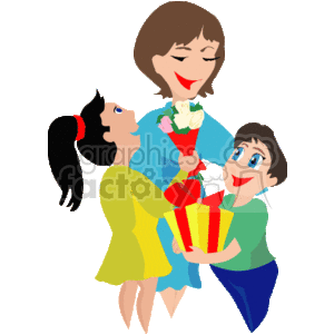 Mother receiving a present and flowers from her daughter and son
