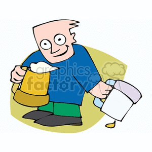 Cartoon character holding two beer mugs with foam, celebrating St. Patrick's Day.