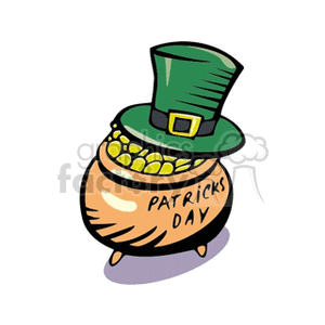 Clipart image of a pot filled with coins and a green hat, symbolizing St. Patrick's Day.