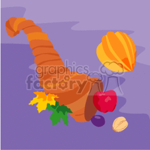   This image depicts a stylized representation of a cornucopia, a symbol often associated with Thanksgiving and harvest abundance, overflowing with various items. The items include what appears to be a gourd or pumpkin, an apple, a couple of leaves (possibly maple), a nut (like a walnut or pecan), and a plum. The background is a simple purple, which sets off the warm, autumnal colors of the cornucopia and its contents. 