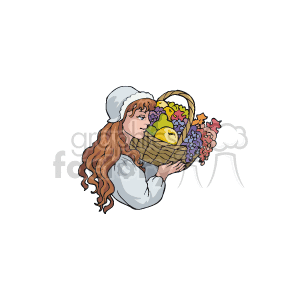 The clipart image features a woman with red hair and a white hat carrying a basket overflowing with various fruits such as grapes and likely harvest produce. This could signify abundance and gratitude, which are themes commonly associated with the Thanksgiving holiday.