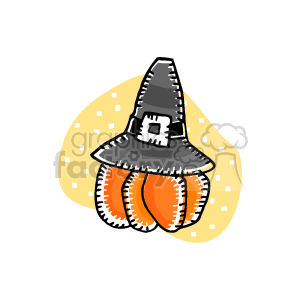 The clipart image features a trio of orange pumpkins overlaid with a black pilgrim hat, which has a gold buckle. The pumpkins have prominent white stitch marks, suggesting they may be decorative or stylized representations. The background appears to be a simple tan or beige textured backdrop. 