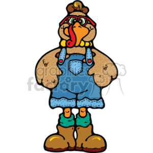 The clipart image features a turkey dressed in a humorous country-style human outfit, which seems appropriate for a Thanksgiving theme. The turkey is wearing a pair of blue denim shorts with suspenders, a plaid shirt, and brown boots with green socks. It has a traditional pilgrim hat and what appears to be a red bandana around its neck. This stylized depiction of a turkey anthropomorphized in human clothing is likely intended to bring a touch of humor to holiday-themed materials.