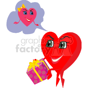   The image features two anthropomorphic heart characters. The heart on the left is colored red and appears joyful, holding a gift or present adorned with a ribbon. This red heart