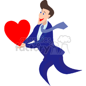   The clipart image depicts a man in a blue suit running or leaping joyfully to his right while holding a large red heart. He has a broad smile on his face, indicating happiness or excitement. His tie appears to be fluttering behind him, suggesting motion. The overall theme of the image includes love and Valentine
