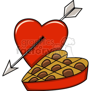 The image shows a cartoon drawing of a heart-shaped box with an arrow sticking out of the lid. The box has compartments and contains chocolates or other candies