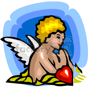   The clipart image depicts a stylized representation of an angel or cupid with wings, sitting and holding a red heart. The cupid is likely intended to convey themes of love and affection, commonly associated with Valentine