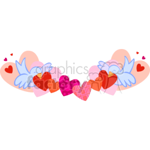   The clipart image depicts two blue doves with wings spread apart, carrying a string of hearts between them. The hearts vary in size and pattern, with some displaying polka dots and others with a checkered design, all in shades of red and pink, symbolizing love and affection. There are smaller hearts floating around, and the overall theme is romantic and festive, likely representing Valentine
