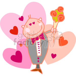   This clipart image features a whimsical, cartoon-style depiction of a man with a simple, rounded face and three hearts above his head, indicating he is in love or happy. He is smiling and appears to be dressed in a formal suit with a bow tie. The man is holding a bouquet of flowers with three blooms. The background consists of various heart shapes in shades of pink and red, further reinforcing the theme of love and happiness. The image seems to be related to Valentine