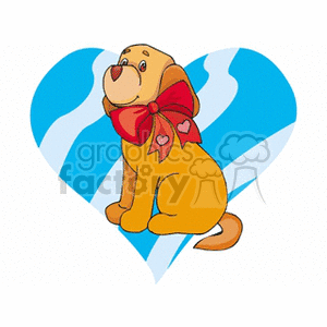 A cute puppy with a red bow sitting in front of a blue heart shape, symbolizing love and affection often associated with holidays like Valentine's Day.