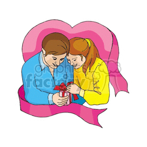 A romantic clipart image featuring a couple exchanging a gift, surrounded by a large pink heart, symbolizing love and affection.