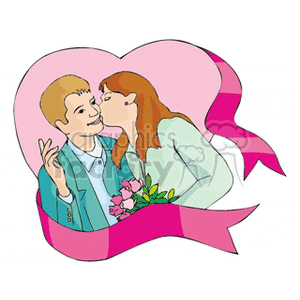 A clipart image of a couple kissing, with the woman holding a bouquet of flowers. They are framed by a large pink heart with a ribbon.