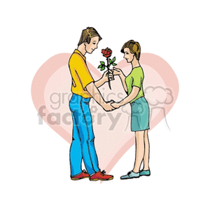 Clipart image of a couple holding hands, with a man giving a rose to a woman, set against a large heart shape.