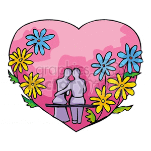 A clipart image featuring a large pink heart with a couple embracing in the center, surrounded by colorful flowers.