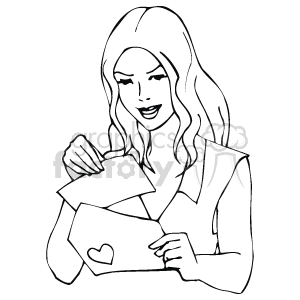   This clipart image depicts a woman reading a card with a heart on it, which suggests a theme of love or affection, commonly associated with Valentine