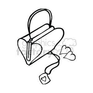 This clipart image depicts a stylized representation of a handbag with a tag in the shape of a heart, alongside two smaller hearts, suggesting a theme of love or affection, which is commonly associated with Valentine's Day.