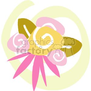 The clipart image depicts a stylized bouquet of roses with light pinks and yellows, set against a pale golden crescent shape that could be interpreted as a decorative element or a letter. The roses are accompanied by pink ribbon-like embellishments, adding to the festive and celebratory feel of the image.