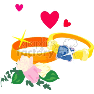 Clipart image of two wedding rings, a bouquet of flowers, and red hearts.