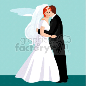 Clipart of a bride and groom embracing on their wedding day.