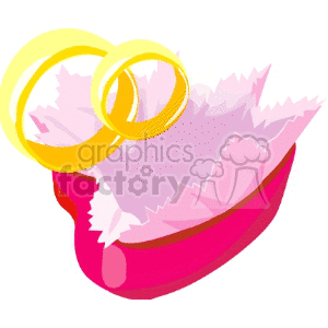 Clipart image of two gold wedding rings resting on pink decorative paper.