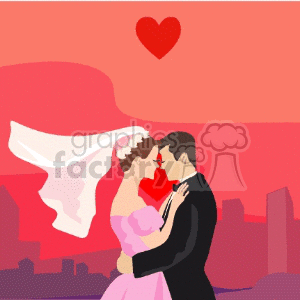 Clipart image of a bride and groom embracing with a heart above them, set against a stylized cityscape background.