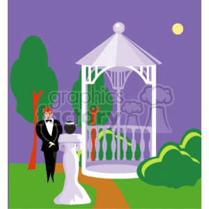 This clipart image features a bride and groom at an outdoor wedding scene. The groom is dressed in a black tuxedo, and the bride is wearing a white wedding gown. They are standing near a white gazebo or stand, which is a common structure for outdoor weddings. Around them are green trees, bushes, and the sky is purple with a small yellow moon, indicating it could be an evening event.