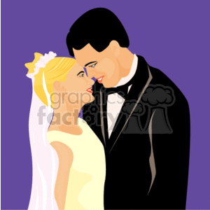 This clipart image depicts a bride and groom in a loving embrace on their wedding day. The bride is wearing a white dress with a veil adorned with a flower, while the groom is dressed in a classic black tuxedo. They appear to be gazes affectionately at one another, potentially about to share a kiss. The background is a solid purple color, which provides a contrasting backdrop to the couple's wedding attire.
