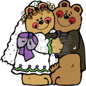 The image shows two animated teddy bears in wedding attire, representing a bride and groom. The bride bear has a white wedding dress and a veil, while the groom bear wears a black suit or tuxedo with a bowtie. They have rosy red hearts for noses and are smiling, which gives the image a loving and celebratory atmosphere typically associated with weddings.