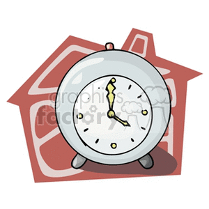 Illustration of a white alarm clock in front of a stylized house background.