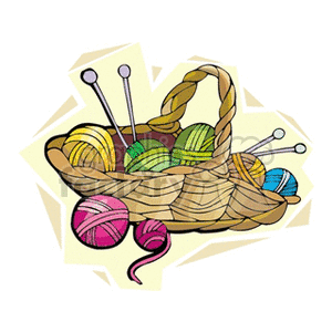 A clipart image of a woven basket filled with colorful yarn balls and knitting needles.