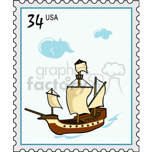 A postage stamp featuring a stylized illustration of a sailboat with clouds in the background.