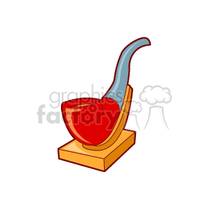 A clipart image of a red smoking pipe with a curved stem resting on a wooden stand.