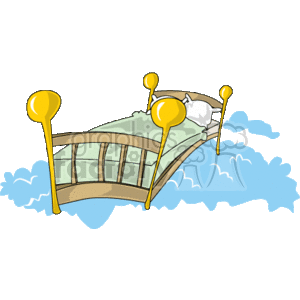 The clipart image features a stylized illustration of a bed with a pillow. The bed has four tall bedposts with spherical finials at the top. It has a whimsical design with the mattress and bed frame curved like a bridge or bow, giving the impression that the bed is floating or set in a dreamy environment. There are fluffy clouds around the bed that enhance the dream-like quality of the image. The sheet on the bed appears to be tucked in, and the overall color scheme includes yellows, greens, and blues.