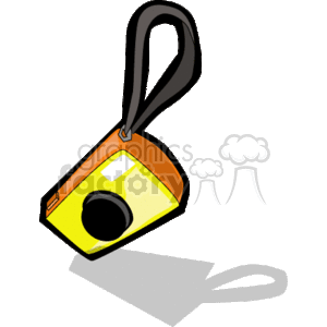 This clipart image features a simplified, stylized illustration of a compact, portable camera, typically referred to as a point-and-shoot camera. It has a prominent lens and a flash, depicted in bright yellow and orange colors, and it's attached to a black wrist strap. The image also includes a gray shadow cast onto the surface below the camera, indicating that it is suspended or hovering above the surface.