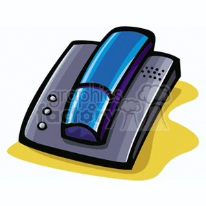 Clipart image of a stylized blue and gray landline telephone on a yellow surface.