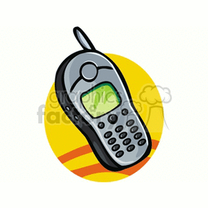 Cartoon illustration of a classic cell phone with a keypad and small screen.